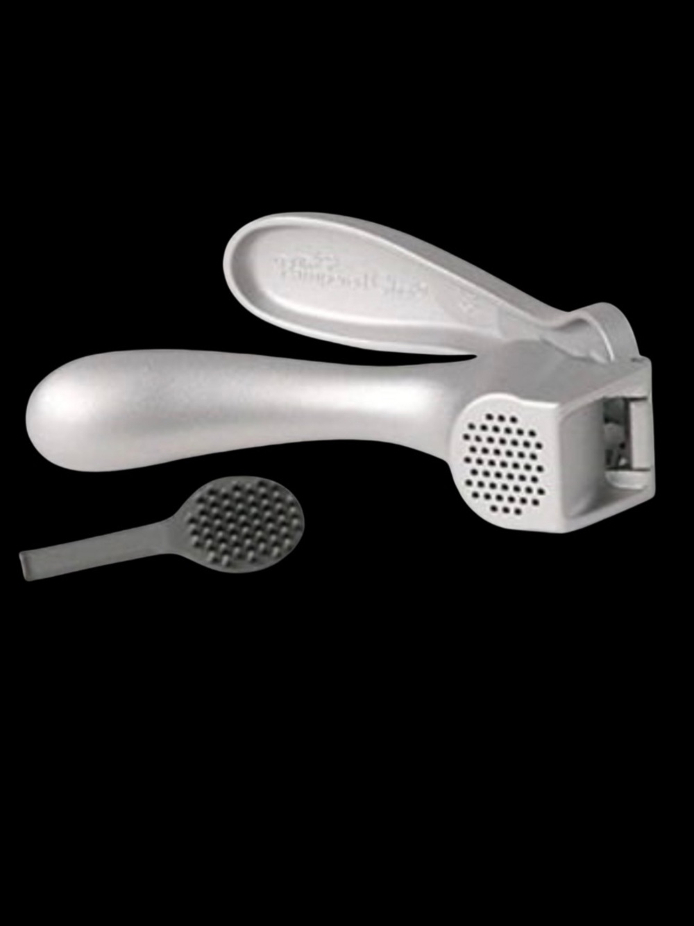 Pampered Chef Garlic Press #2576 - NIB Silver Aluminum Press + Cleaning Brush